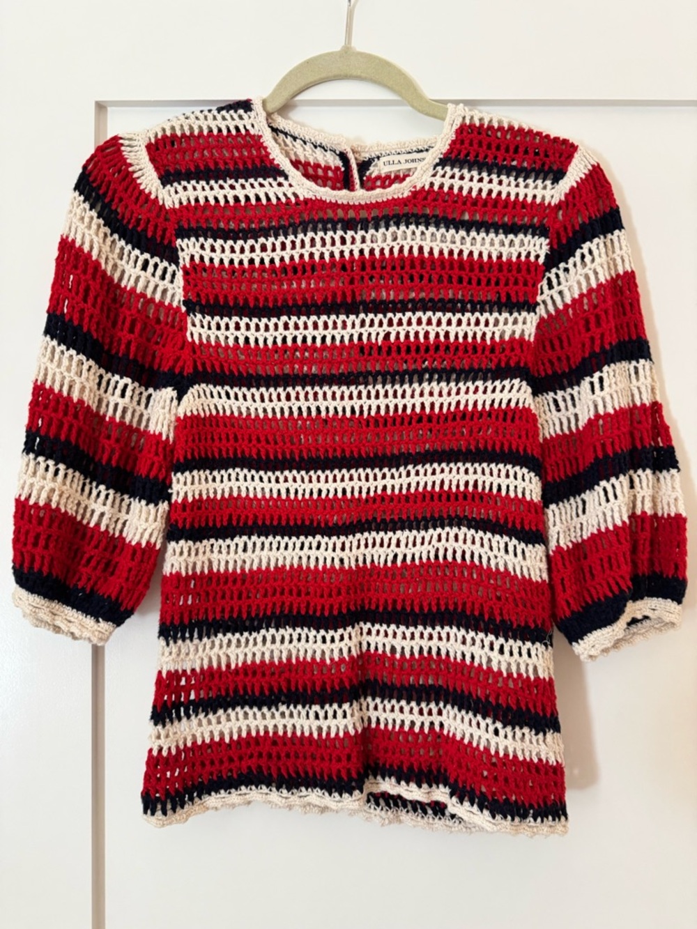 Ulla Johnson Striped Crochet Knit Top in Red, Cream & Navy Size S
